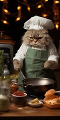 Funny cat prepares food in the kitchen. Generative AI