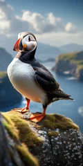 Wall murals Puffin Photo of puffin. Wild atlantic puffin seabird in the auk family. Generative AI