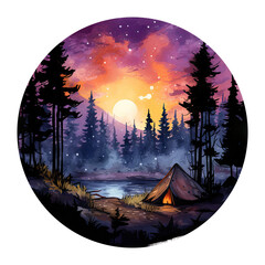 Watercolor illustration camping tent at night in spruce forest. Generative Ai