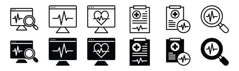 Health diagnosis icons set. Health diagnostics icon. Monitoring, analysis, heartbeat, heart rate, data medical records icon symbol in line and flat style. Medicals care vector illustration - obrazy, fototapety, plakaty