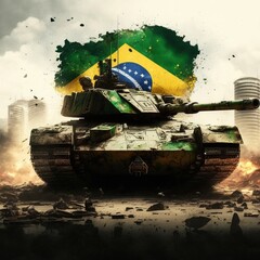 battle tanks firing in a ruined city of Brasilia with BRAZIL flag - generative AI