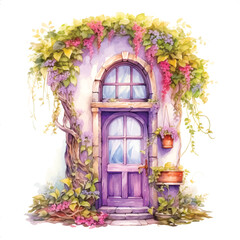 Fototapeta na wymiar Fairy tale house surrounded flowers watercolor painted vector