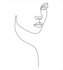 Minimal line art woman with hand on face. Black Lines Drawing. - Vector illustration