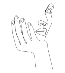 Minimal line art woman with hand on face. Black Lines Drawing. - Vector illustration