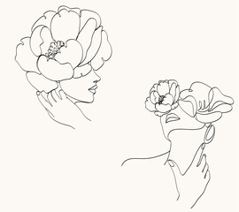 Woman face with flowers Line art. Elegant Feminine Beauty Logo. Abstract face with plants by one line drawing. Portrait minimalistic style. Botanical print. Nature symbol of cosmetics.
