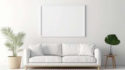 Naklejka premium Blank mockup frame on a white wall inside a living room