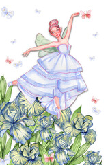 Composition with cartoon fairy with magic wings, flowers and butterflies. Watercolor hand drawn illustration . Perfect for greeting card, poster, wedding invitation, party decor.