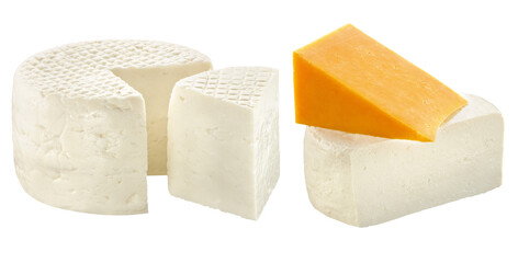 composição com pedaços de queijos minas fresco e queijo tipo cheddar isolado em fundo...