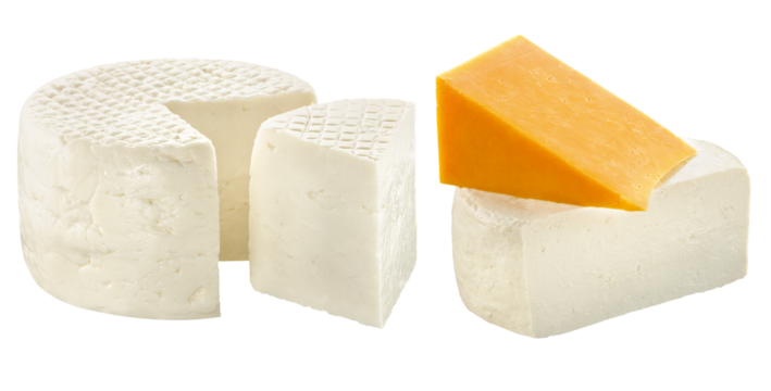 composição com pedaços de queijos minas fresco e queijo tipo cheddar isolado em fundo trasnparente