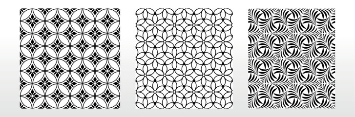 Geometric floral set of seamless patterns. White and black vector backgrounds. Damask graphic ornaments.