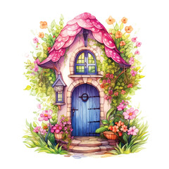Fototapeta na wymiar Fairy tale house surrounded by flowers watercolor painting