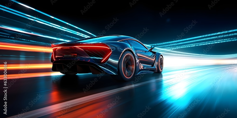 Wall mural Futuristic Sports Car On Highway. Powerful acceleration of a supercar on a night track with lights and trails. 3d illustration. Generative Ai.