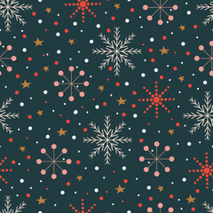 Stars, snowflakes, polka dots seamless pattern. Whimsical arrangement of Xmas motifs. Christmassy texture background © KaziAnatul