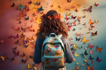 Redhead Girl with Blue Backpack, Back to School, Autumn Pastel Background with Leaves and Butterflies