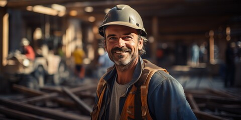 Happy construction worker on construction site at sunny day, Labor Day, Labor Day concept, Generative AI