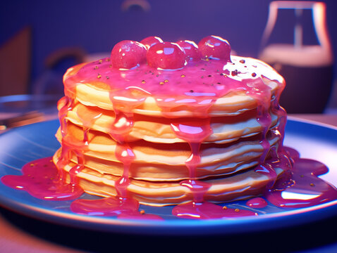 A stack of pancakes on a blue plate with syrup, world food day images