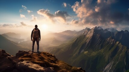 A hiker standing on the top of the mountain landscape