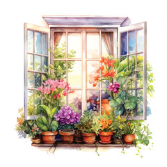 Fototapeta na wymiar Window with flowers watercolor painting ilustration