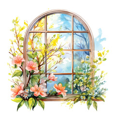 Window with flowers watercolor paint ilustration