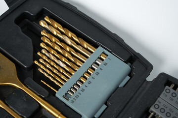 Stainless steel drill bits on a white isolated background