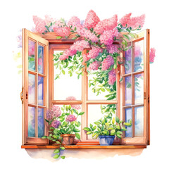Fototapeta na wymiar Window with flowers watercolor hand painting ilustration.