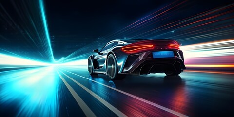 Fototapeta na wymiar Futuristic Sports Car On Highway. Powerful acceleration of a supercar on a night track with lights and trails. 3d illustration. Generative Ai.