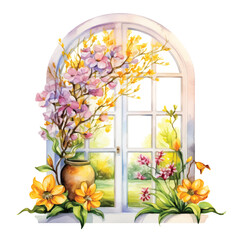 Window with flowers watercolor hand painted