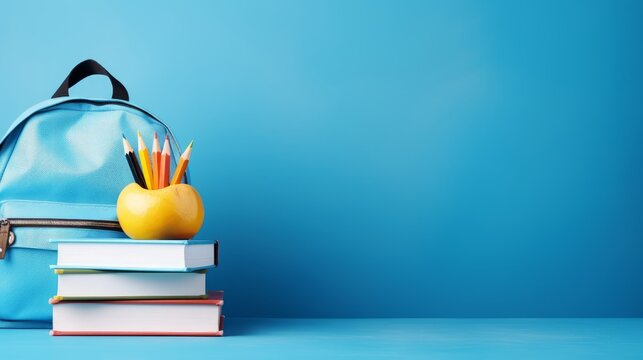 school backpack mockup on a blue background - Powered by Adobe