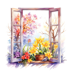 Window with flowers vector watercolor painted ilustration