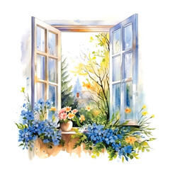 Window with flowers watercolor painted vector ilustration
