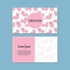 Business card template, cute puppies seamless pattern vector design. Double-sided creative business card template. Landscape orientation. Vector illustration.
