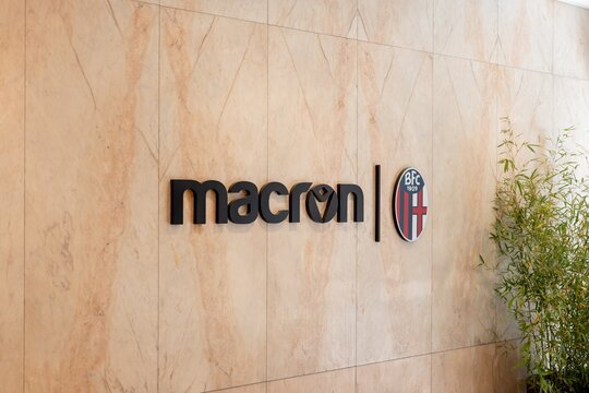Macron sportswear company with logo of FC Bologna football team in Galeria Cavour