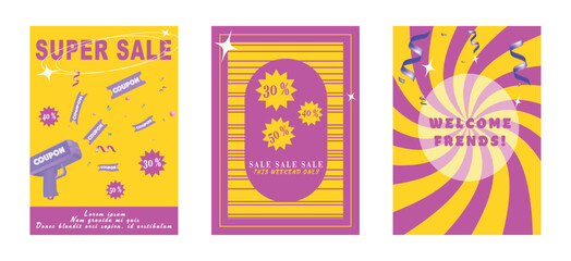 posters with 3d coupon machine gun ,confetti , serpentine in pink and yellow glamour retro style. Vector drawing. Hand drawn style. Vector illustration