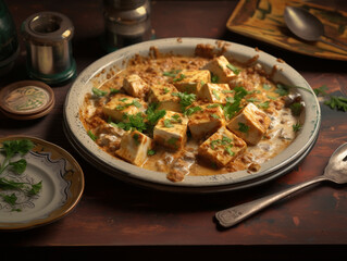 Boiled and cooked tofu served in curry sauce on a grey table, world food day images