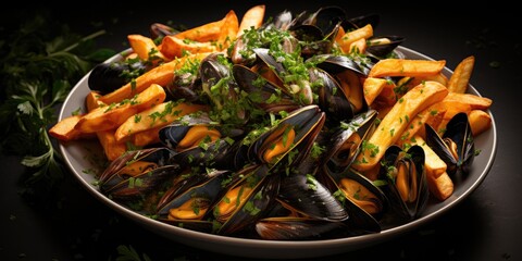 Belgian national dish, mussels with french fries. Dish close-up. Generative AI