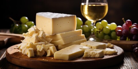 National dish of Croatia, Paž cheese. Cheese plate with a glass of white wine and grapes.