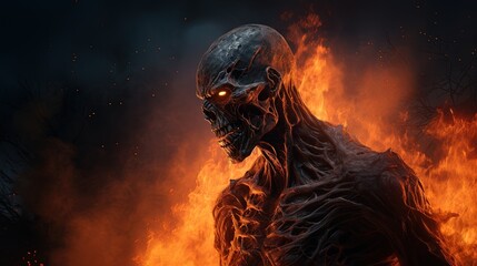 Scary angry demon from hell with glowing eyes and burnt skin against the backdrop of a raging flame. Horror stories for Halloween