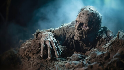 Scary dead man or zombie climbs out of his grave in cemetery in light of moon at night. Horror stories for Halloween.