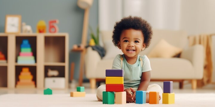 Adorable black baby playing with stacking building blocks at home while sitting on carpet in living room.