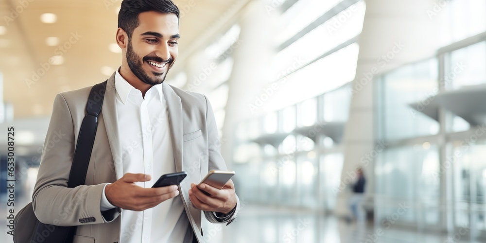 Poster handsome arab man walking with a suitcase at the airport and using a smartphone, a smiling young guy