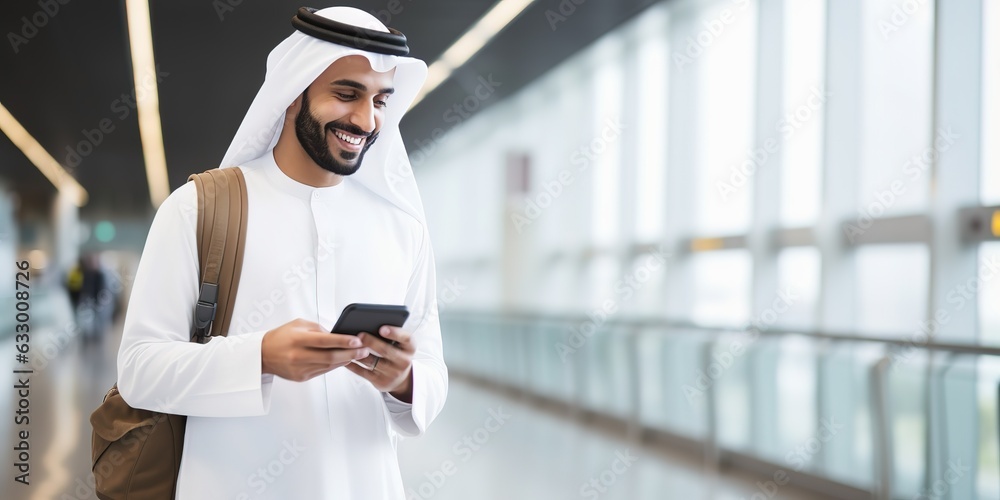 Aufkleber handsome arab man walking with a suitcase at the airport and using a smartphone, a smiling young guy