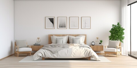 Fototapeta na wymiar Double bed with pillows, soft duvet, carpet, lamp, armchair and furniture, on wooden floor.