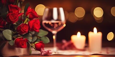 Romantic dinner. Bouquet of flowers lying on the table, two glasses of red wine and candles on a wooden table.