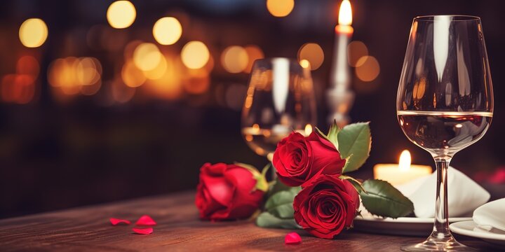 Romantic dinner. Bouquet of flowers lying on the table, two glasses of red wine and candles on a wooden table.
