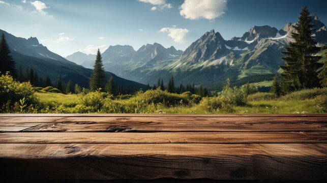 Wooden table with mountain views background. Generative AI