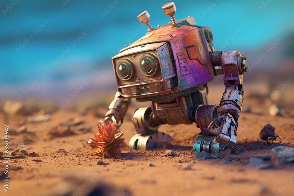 Poster  A space robot lands on an unfamiliar planet, examining the relics of the past. Generative AI technology.