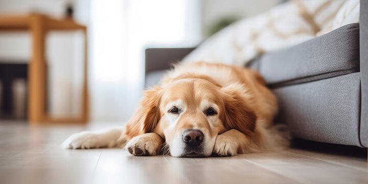 Charming calm dog is resting near the sofa lying on the floor in the living room at home.