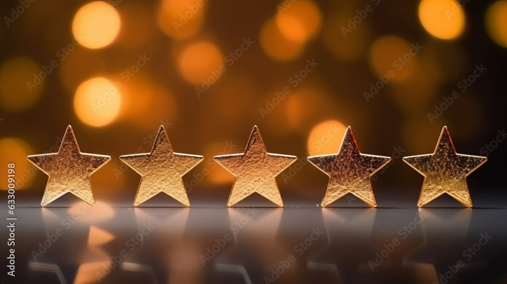 Wall mural front view of 5 stars shape line up on table isolated on bokeh and gold glitter background