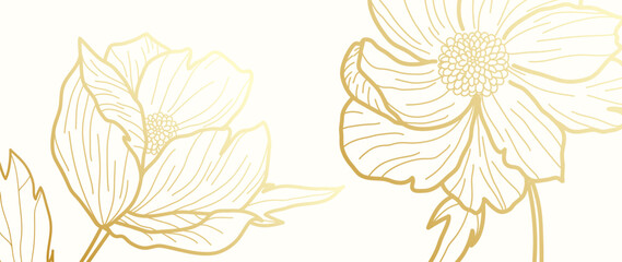 Luxury simple botanical design with flowers, wallpaper with golden natural lines on a white background. Design for wall art, fabric, prints and background texture, vector illustration.
