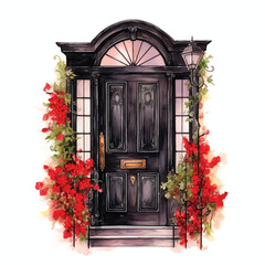 Door surrounded by flowers watercolor hand painting
